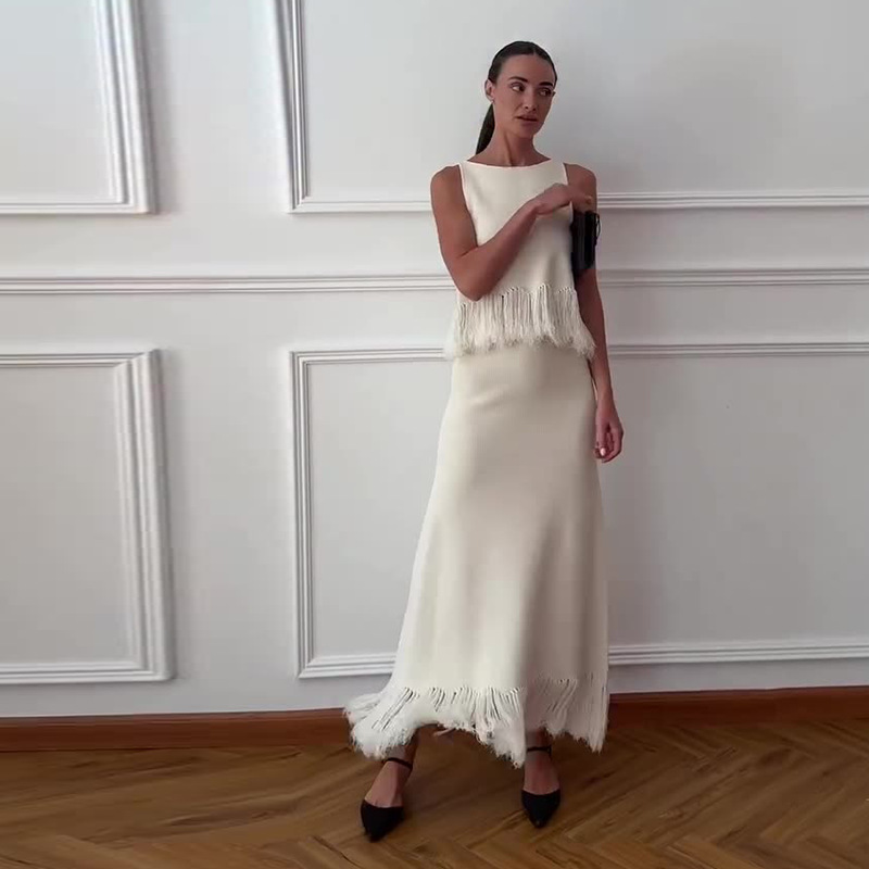 2025 Summer New Style European and American Amazon Cross-Border Foreign Trade Women's Sleeveless Tassel Simple White Elegant Skirt Suit