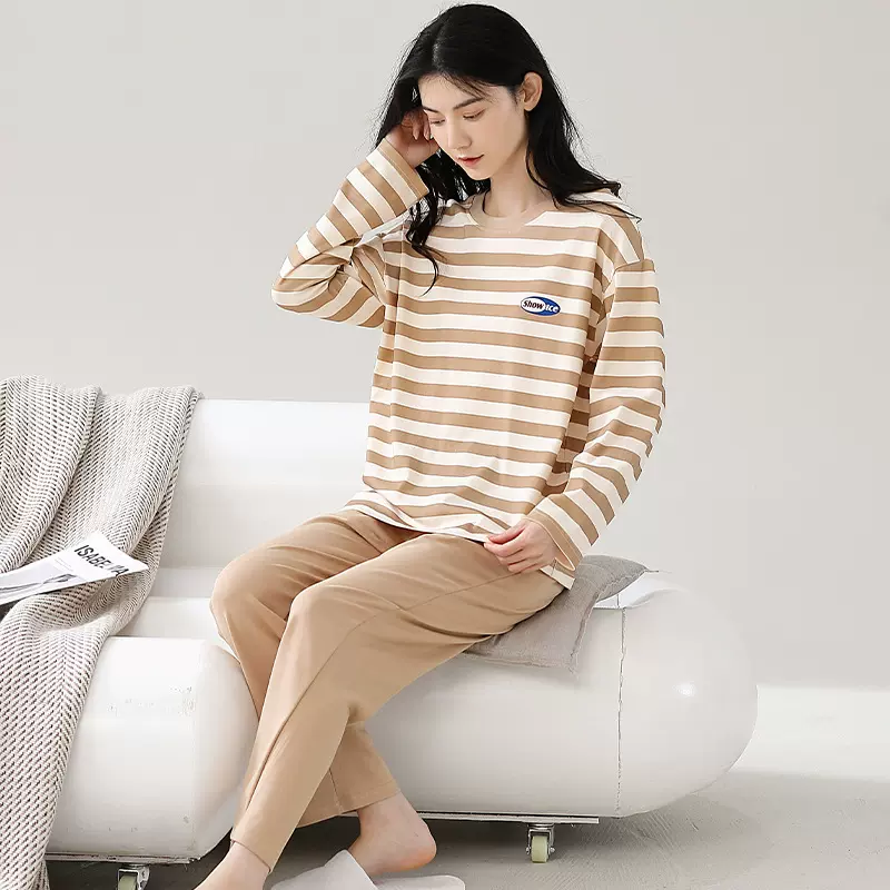 高档睡衣女秋冬款紧密纯棉长袖套头双面220克家居服套装春可外穿