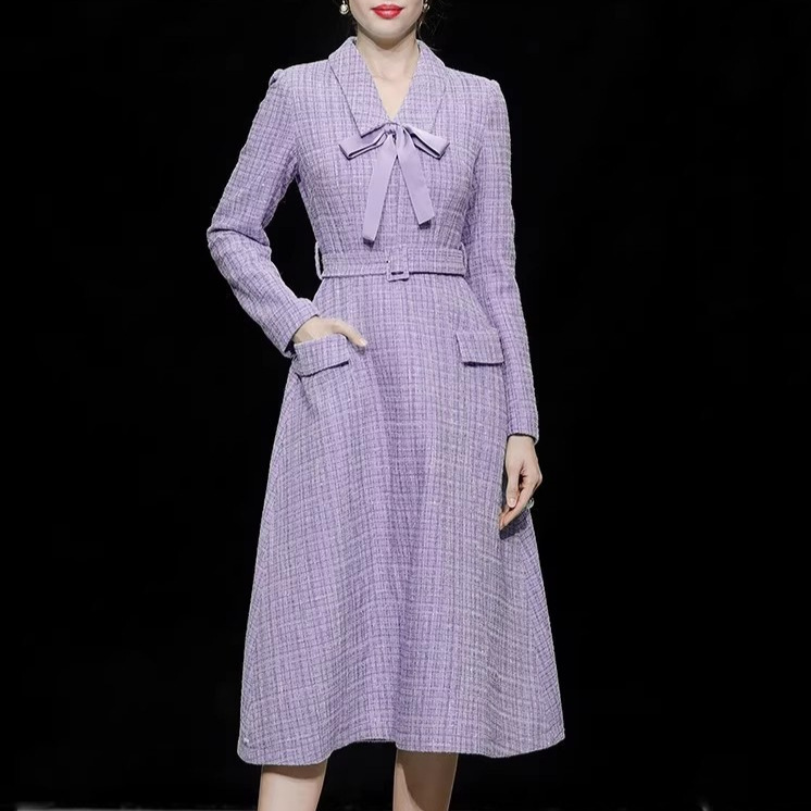 Autumn and Winter Women's New Style Elegant Gray Blue Tweed Waist Slimming Suit Dress Long Skirt