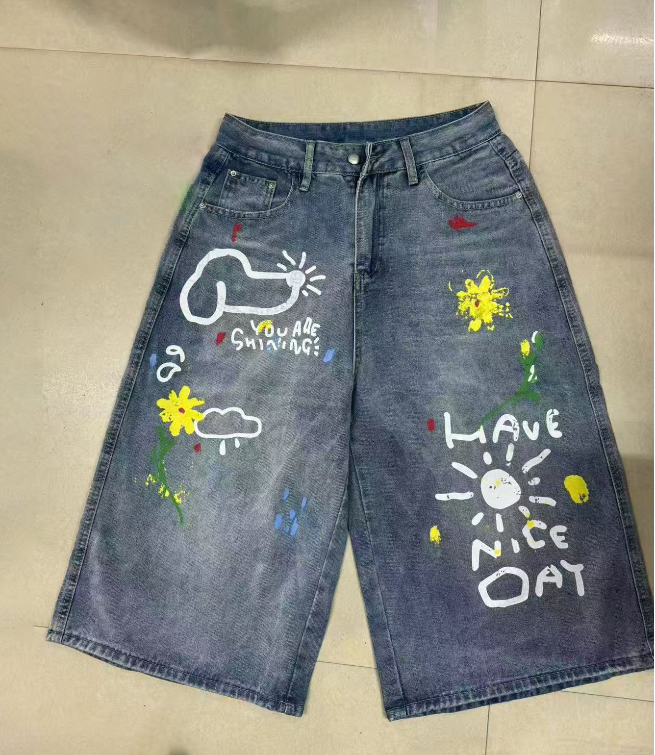 New Women's Fun Dog Graffiti Print Cropped Wide Leg Jeans Stylish Casual Denim for Spring Autumn_ecoleips.com