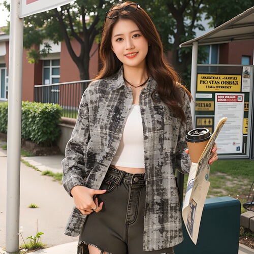 Women's Spring and Autumn Season Casual Loose Retro Print Check Shirt, American Trend Top