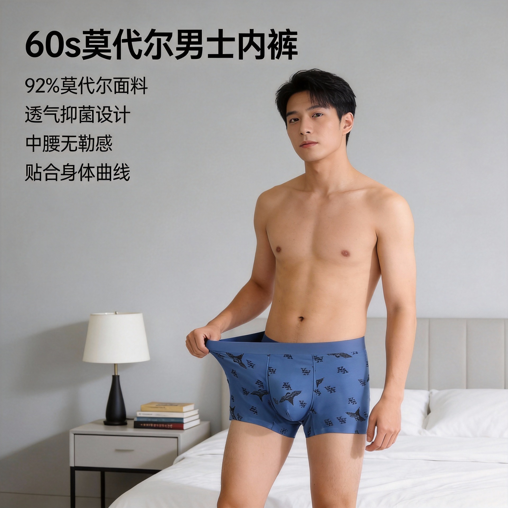 60s兰精莫代尔男士内裤无痕男平角裤满幅印花男短平角裤抗菌盒装