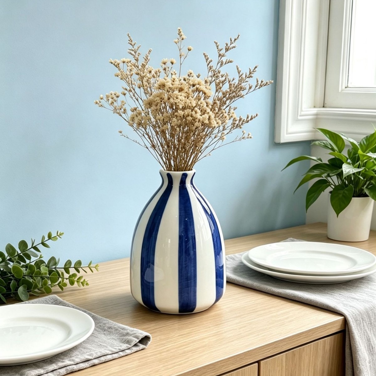 Vaso de cerámica a rayas pintadas a mano nórdica ligera de lujo de mano de alto nivel, línea simple, vasos de flores sin agujeros para el pelo