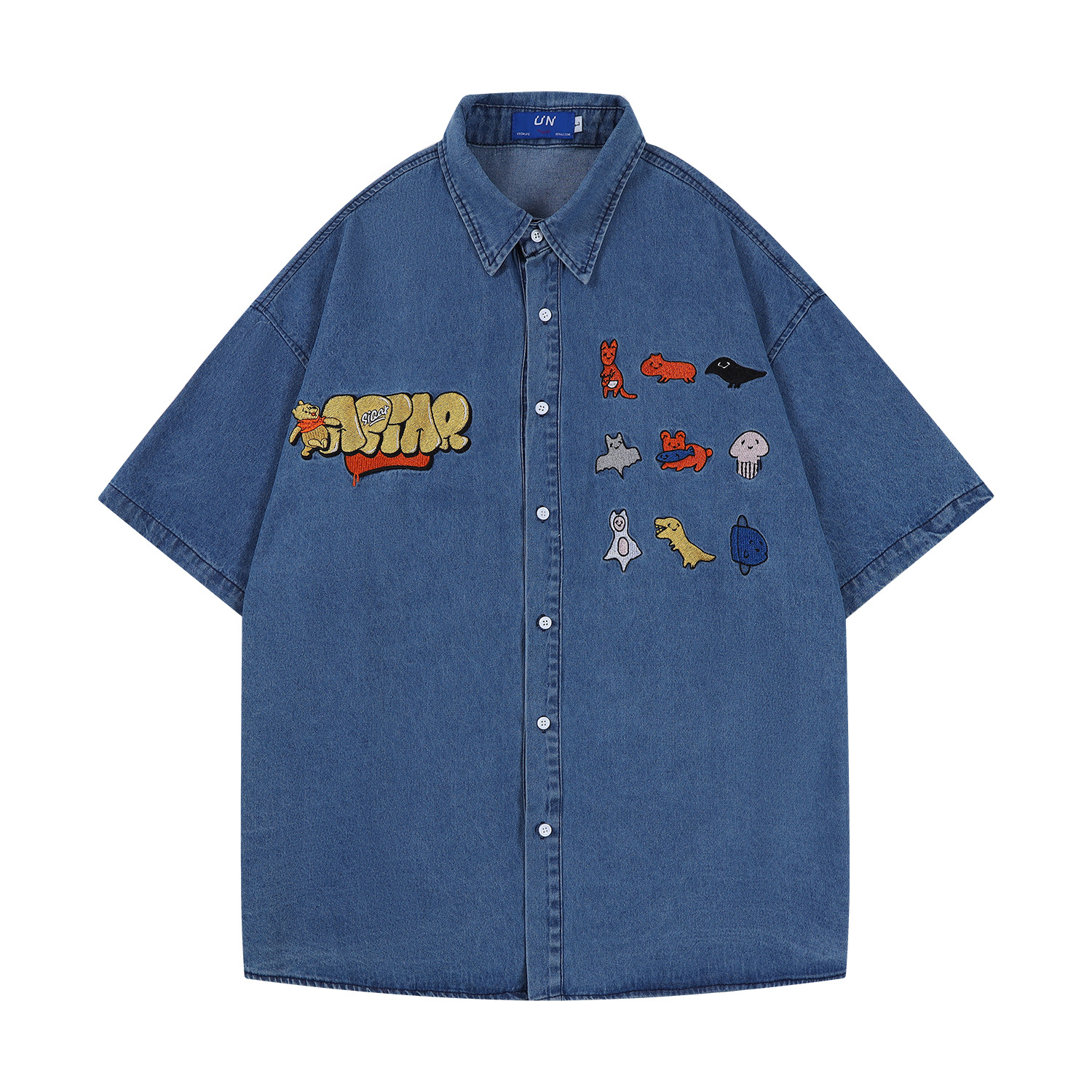 Camisa de manga corta de mezclilla de hombres y mujeres de verano estilo neutro diseño suelto bordado vintage marca de moda casual top