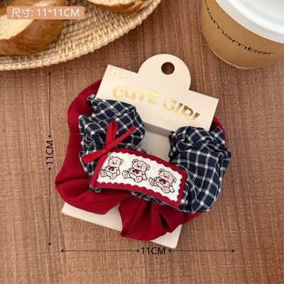 Saç üçün rezinlər, Fabric Label Hair Tie College - 10-dark-blue-large-plaid-bear-washed-hair-tie