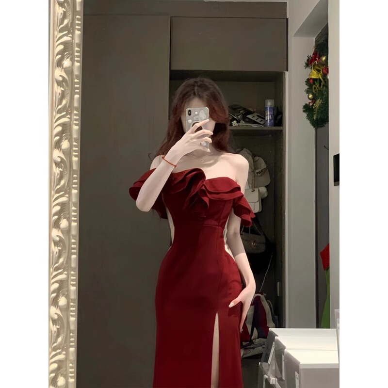 Holiday Gown Evening Dress High-End Light Luxury Socialite Temperament Banquet Toast Dress Hepburn Style Off-Shoulder Dress for Women