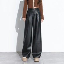 美式安哥拉红真皮阔腿休闲皮裤女2025高腰宽松绵羊皮拖地裤加绒潮