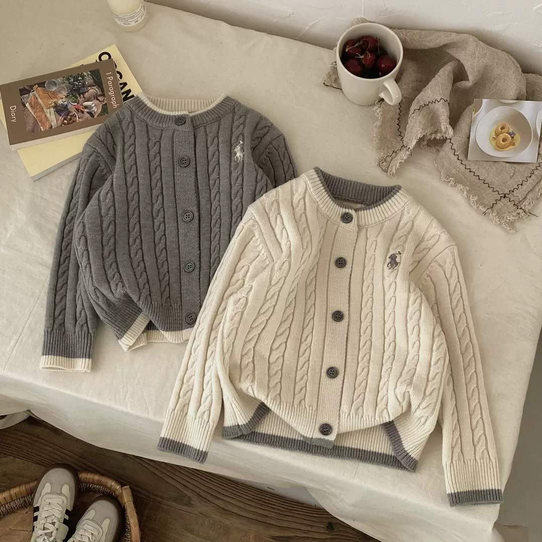 儿童毛衣2025秋男女童潮牌刺绣麻花针织衫宝宝拼色洋气毛线外套潮