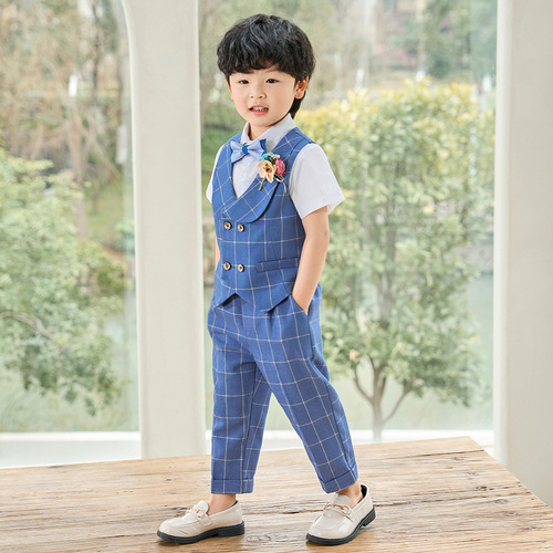 Children's suit spring and summer new Korean version plaid vest two-piece set boy baby performance suit flower girl wedding dress