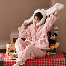 新款舒棉绒粉兔子睡衣珊瑚绒长毛绒卡通加厚睡衣家居服套装可外穿
