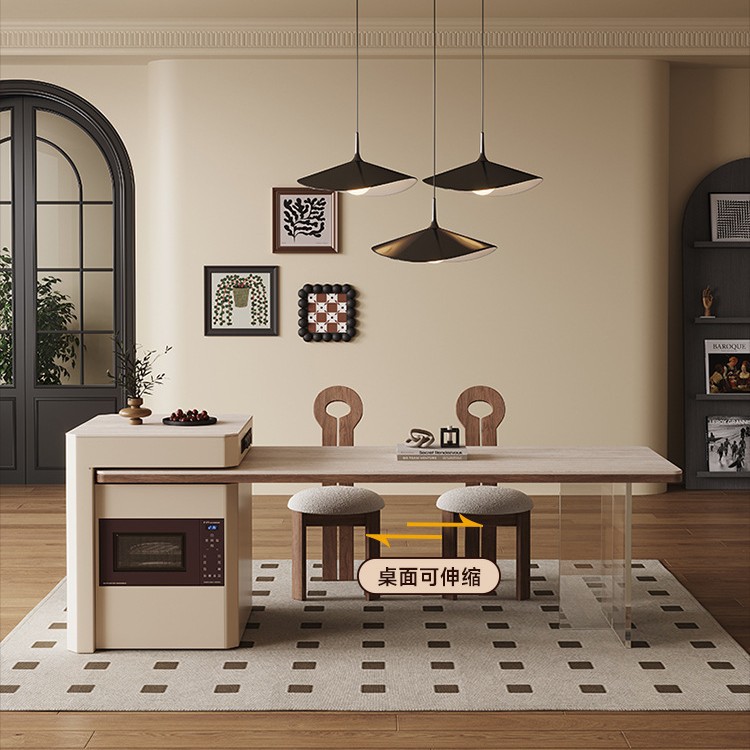Mesa de mesa de isla de roca, mesa de comedor, hogar, estilo retro, apartamento pequeño, cocina retráctil, caída de acrílico de madera maciza de alta gama
