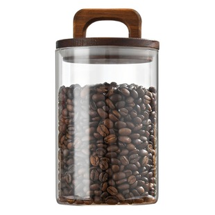 Factory wholesale handle wooden lid glass sealed jar snacks storage coffee beans storage box tea display sealed jar
