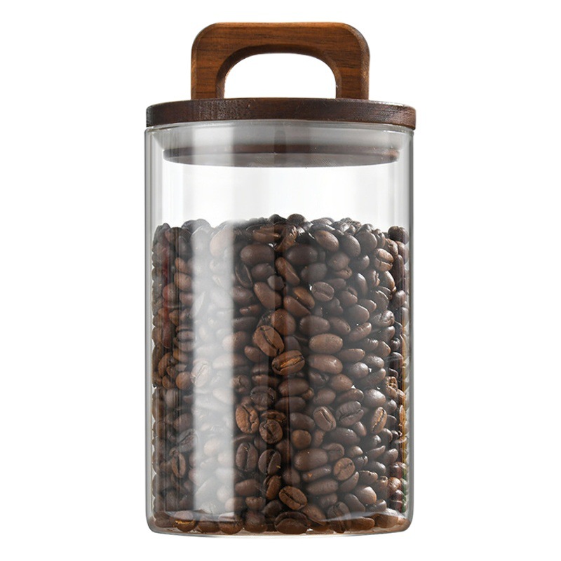 Factory wholesale handle wooden lid glass sealed jar snacks storage coffee beans storage box tea display sealed jar