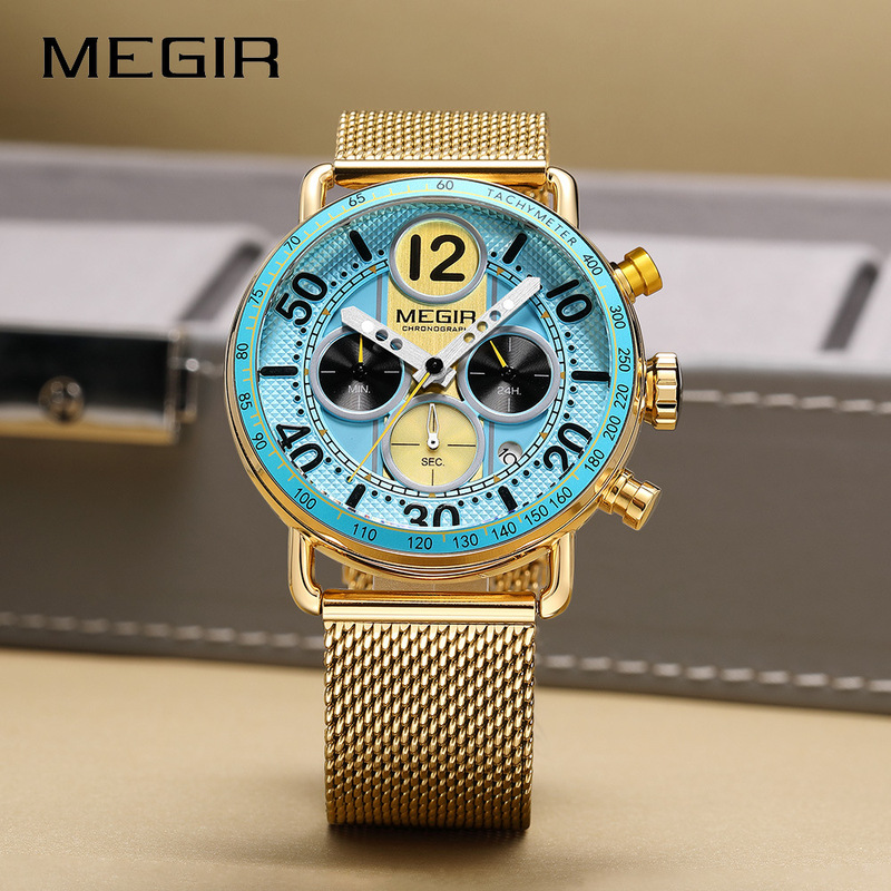 2026 New Model Megir Men's Fashion Casual Mesh Strap Multifunctional Chronograph Waterproof Watch Wholesale Quartz Watch