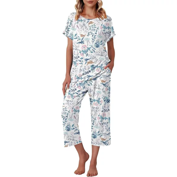 Cross-Border Amazon New Short Home Wear European and American Comfortable Floral 3D Printed Short-Sleeved Cropped Pants Pajamas Set