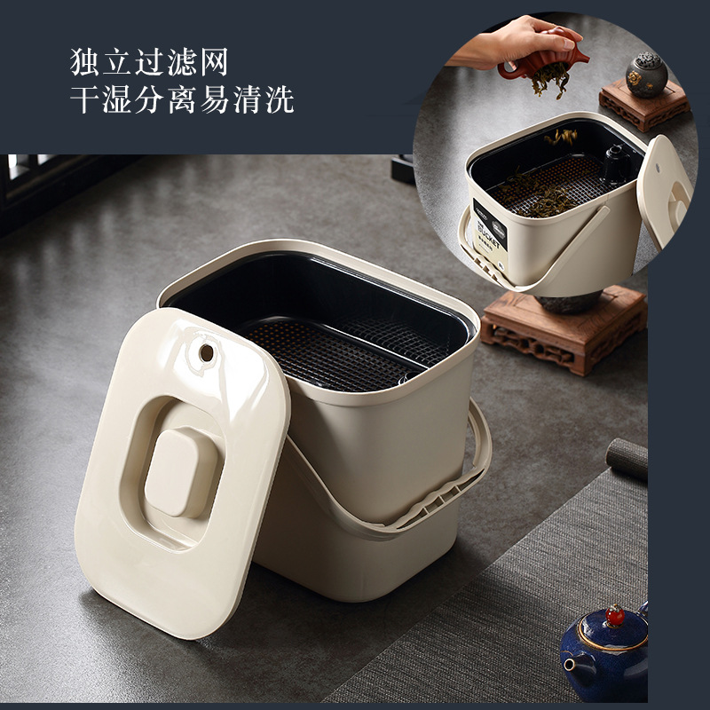 批發茶道塑料茶渣桶方形帶蓋手提茶水桶茶具接水桶茶盤廢水排水桶