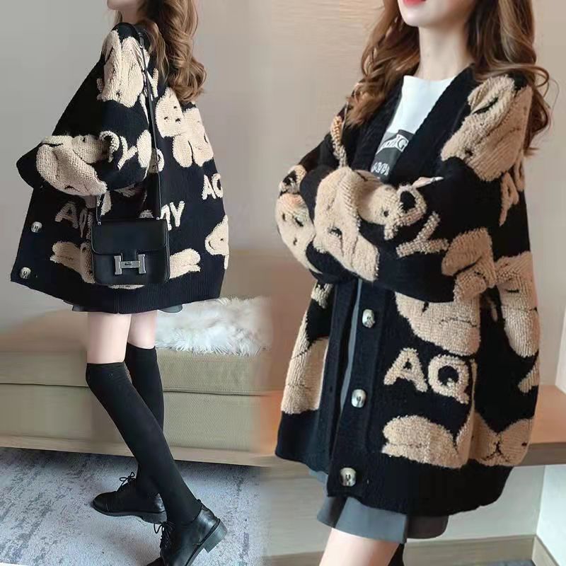 2023 otoño e invierno nuevo ins estilo coreano suelta estilo perezoso carta oso más tamaño abrigo suéter cardigan de punto image 3