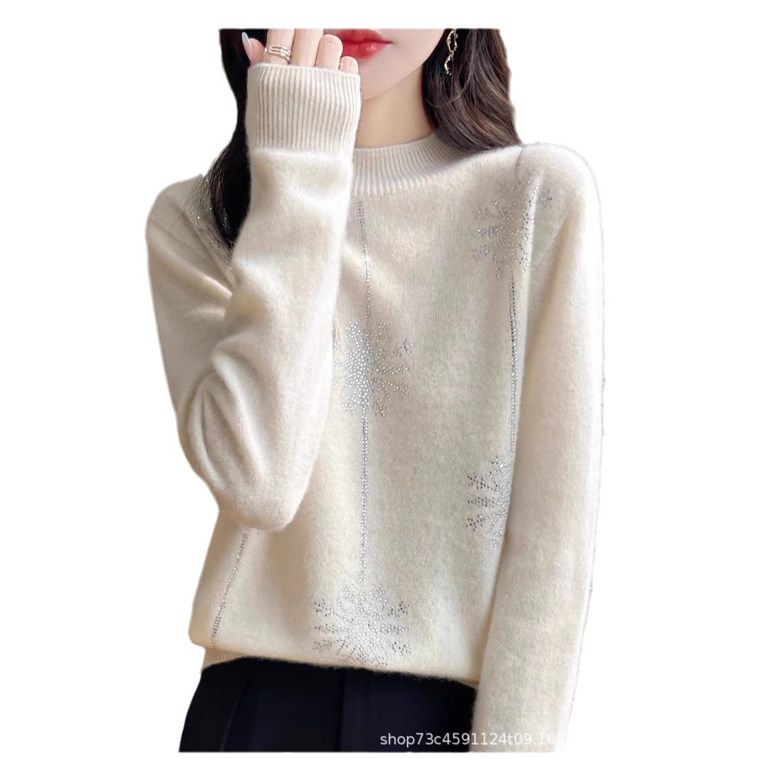 2025 새로운 세미 하이 칼라 모조 다이아몬드 기질 스웨터 여성의 느슨한 풀오버 두꺼운 니트 캐시미어 바닥 스웨터
