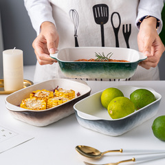 Gradient Stone Texture Ceramic Double Eared Cheese Baked Rice Plate Rectangular Baking Pan Restaurant Home Oven Dish Plate Baking Plate