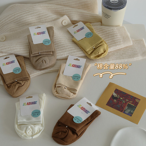 Socks Lady Knee-high Socks Spring and Summer High Cotton Content Mid-calf Socks Cute Japanese Macaron Plain Color Low-top Socks