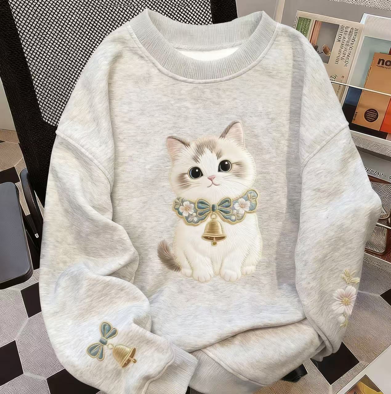 Pure Cotton Back Collar, Round Neck and Velvet Heavy Autumn and Winter New Cartoon Print Cute Cat Long-Sleeved Sweatshirt