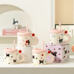 北冰州かわいいマグガールハート猫ストローカップクリエイティブセラミックカップ高価値ウォーターカップ蓋付き