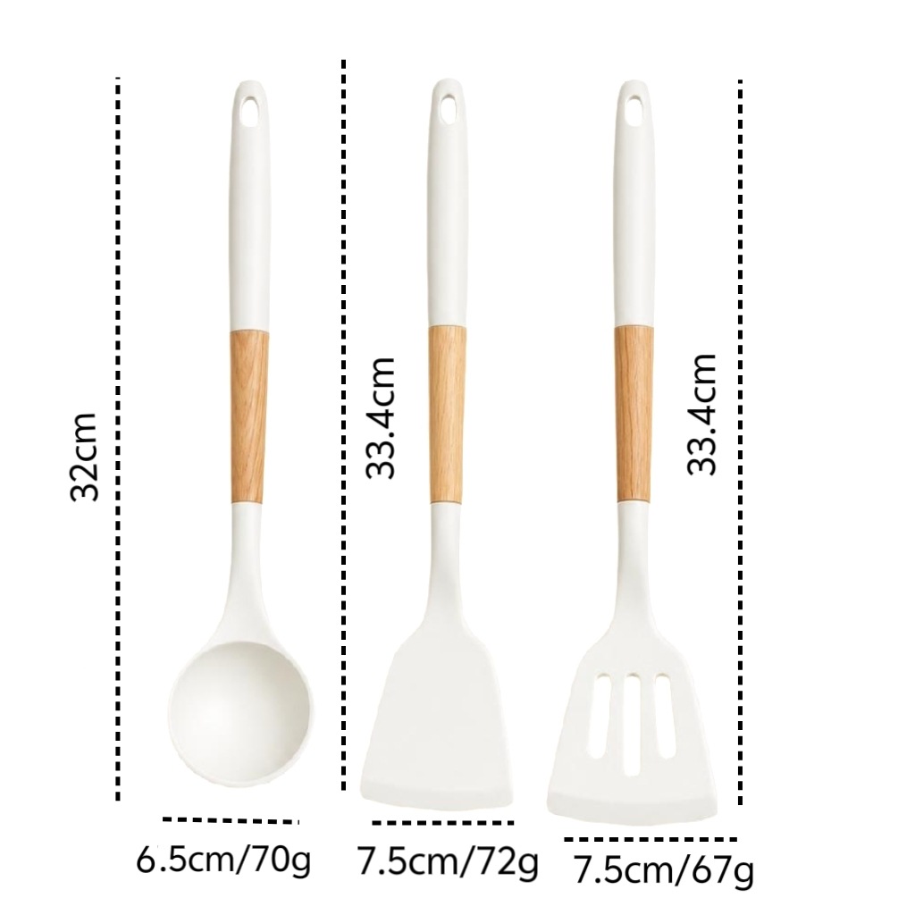 Kaymaz Uçlu Ahşap Saplı Silikon Mutfak Eşyası Tencere Kepçesi Seti Mutfak Aletleri Pişirme Wok Spatulası Çorba Kaşığı Kepçe Seti