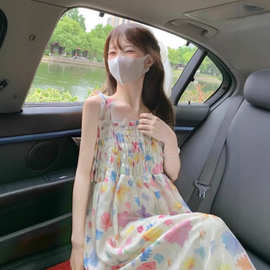 夏日多巴胺碎花系带连衣裙女日系软妹小清新仙气小个子吊带长裙子