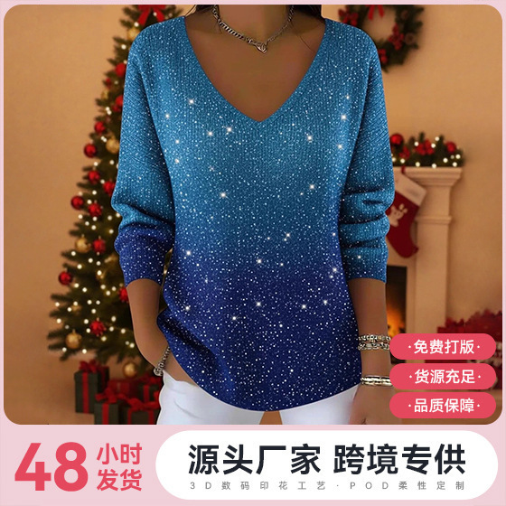 2025 Foreign Trade Cross-Border Independent Platform New V-Neck Long-Sleeve Pullover 3D Digital Print Valentine's Day Women's Top T-Shirt