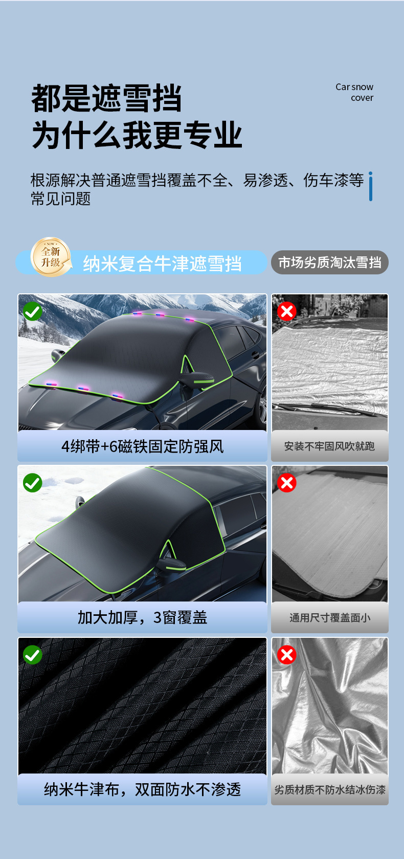 Oxford Cloth Car Snow Cover, Front Windshield Anti-Freeze Cover, Anti-Frost and Snow-Proof Winter Half-Cover Car Cover, Winter Car Cover