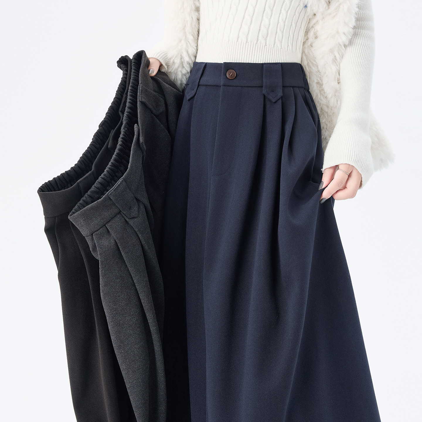 Navy Blue Woolen Skirt for Women in Autumn and Winter New Style Small Mid-Length Umbrella Skirt with Draped Long Skirt