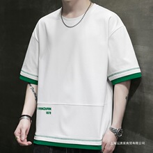 2026夏季新款假两件短袖T恤男士半袖体恤打底衫ins潮流男生上衣服