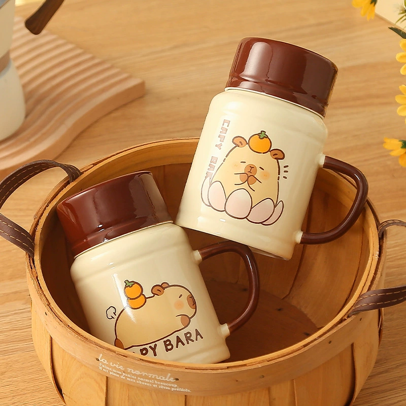 Кружка Капибала с крышкой, ложка, креативная чашка, милая керамическая чашка для воды, кофейная чашка для девочек, домашнего офиса