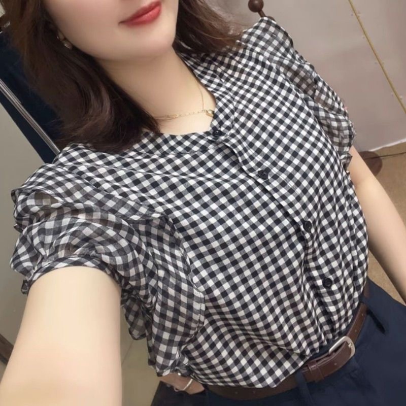 デザインニッチチェック柄半袖シャツ女性用 2025 夏甘くてスタイリッシュなスリムでファッショナブルな多用途カーディガントップ|undefined
