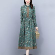 棉麻连衣裙女春秋新款时尚小碎花休闲长袖收腰中长款打底裙子