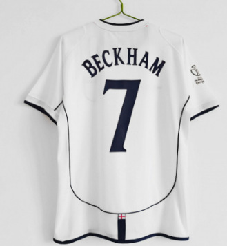 2002 england home jersey #7 beckham + world cup patch / S