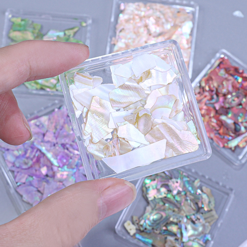Decoraciones para uñas, piezas de concha de abulón iridiscente, decoraciones en caja, venta al por mayor, fragmentos de concha ultrafinos irregulares, decoración para uñas DIY