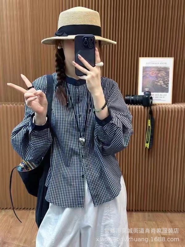 法式格纹长袖衬衫2025简约韩系时尚撞色圆领单排扣百搭休闲上衣女|undefined