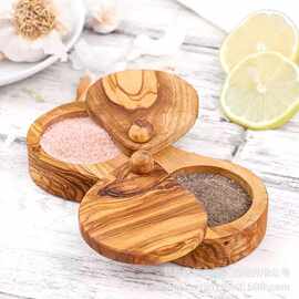 橄榄木分格调料盒家用厨房固体调料收纳盒便携式旋转盖蘸盐调味盒