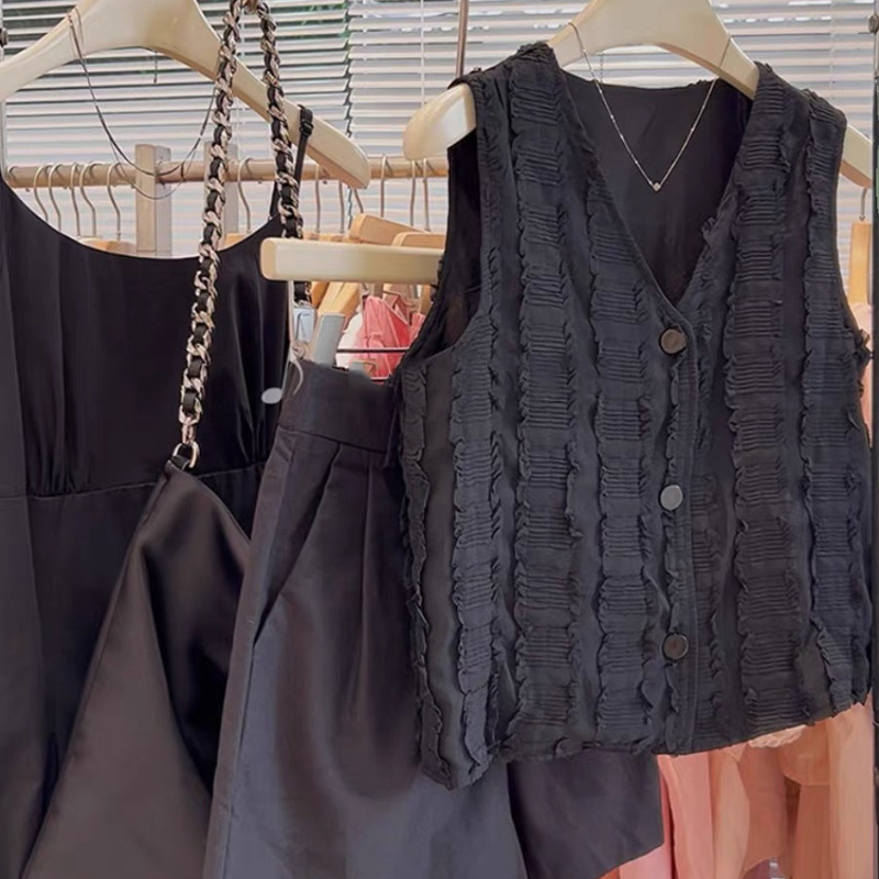 CHAO class recommend! Korean Style Simple Elegant Black Vest Women's Sleeveless Outer Wear Trendy Design Niche Vest