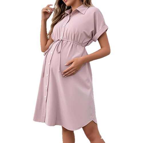 European and American maternity summer short-sleeve buttoned casual maternity skirt with stylish belt, maternity dress