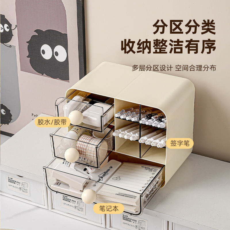 奶油风桌面收纳盒学生文具斜插笔筒化妆品书桌抽屉式多功能置物架|undefined