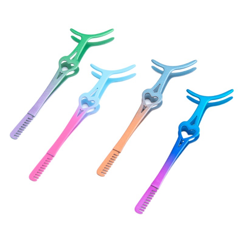 Nuevo Acero inoxidable pestañas postizas dispositivo auxiliar ceja peine pestañas rizador 2-en-1 amor arco grande boca clip pinzas de pestañas