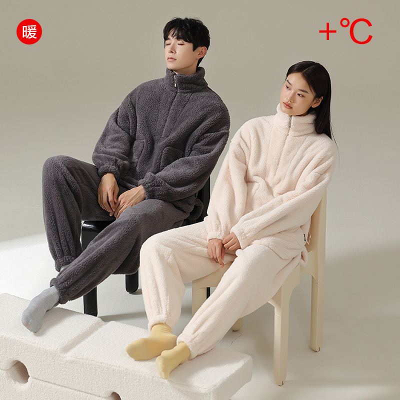 [Welfare warm velvet] autumn and winter coral velvet couples pajamas women warm thick men's light sports suit