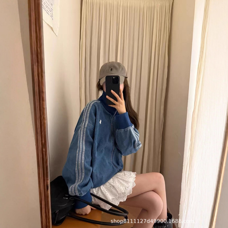 2025新款三条杠小马标刺绣男女同款牛仔外套高质量同款夹克运动休|undefined