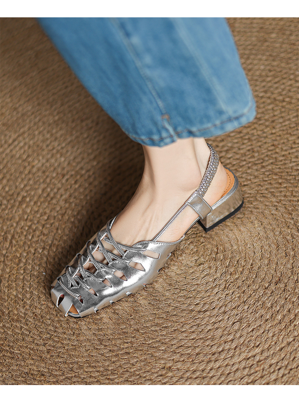 Dép sandal nữ da cừu bện mũi kiểu Pháp, gót thấp, quai chữ V đa năng — đen chi tiết 12
