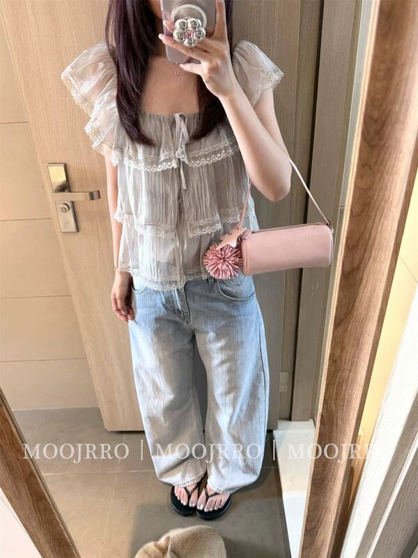 Gray Lace-Trimmed Square-Neck Shirt for Women, Summer Design, Niche Style, Slimming, Loose, Lazy Style, Versatile Casual Top Gray Lace-Trimmed Square-Neck Shirt for Women, Summer Design, Niche Style, Slimming, Loose, Lazy Style, Versatile Casual Top