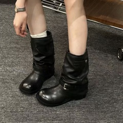 2025新款粗跟堆堆靴褶皱裤管靴西部牛仔靴女骑士靴复古皮带扣短靴