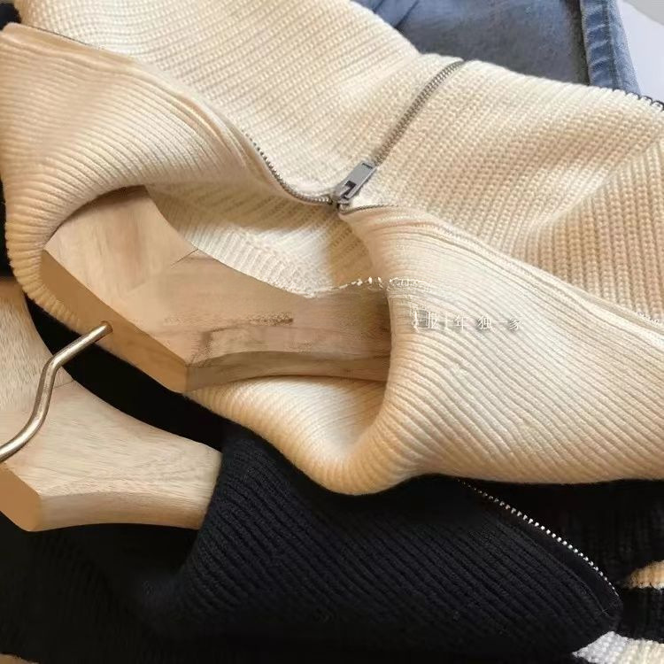 法式复古翻领半拉链撞色条纹毛衣女秋季慵懒风套头内搭针织打底衫|undefined