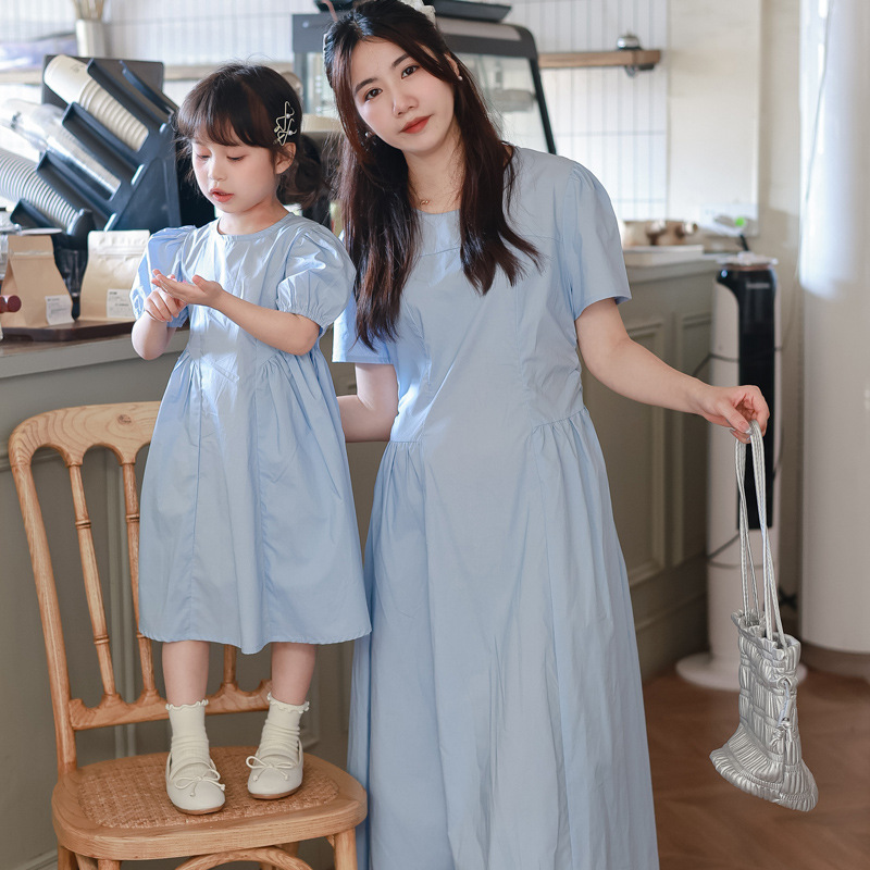 Matching Mother-Daughter Dresses, 2024 Summer, Short-Sleeved Korean Style, Slim Waist, Stylish Pure Cotton Girls' Dresses